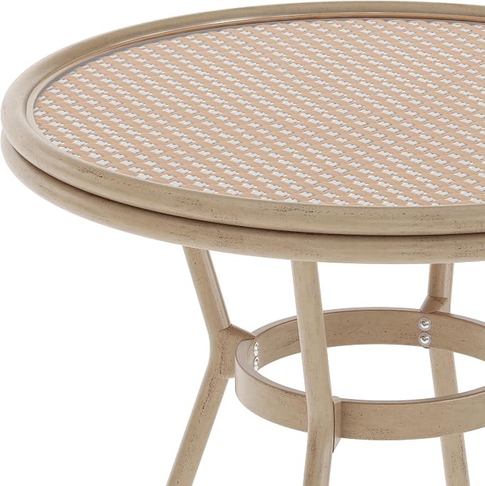 EMMA + OLIVER Colmar Indoor/Outdoor Bistro Table - Natural & White Woven PE Rattan Pattern - Tempered Glass Top - Light Bamboo Finish Metal Frame - 31.5 in.