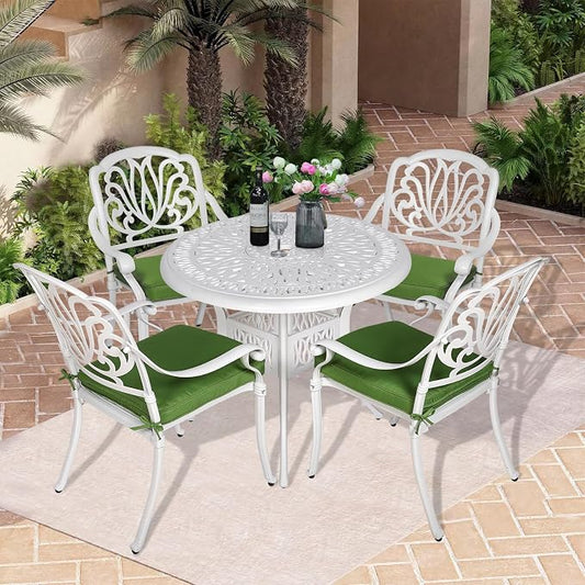 5-Piece Outdoor Patio Dining Set, All-Weather Cast Aluminum Patio Table Set, Include 4 Cushioned Chairs and a 35.4 inch Round Table w/Umbrella Hole for Balcony Garden Backyard, Green