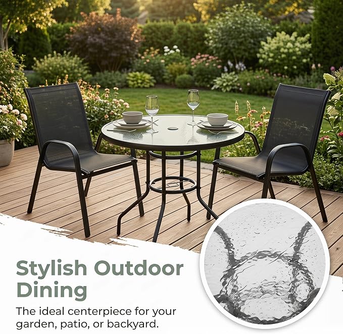 31.5" Round Outdoor Dining Table, Toughened Glass Patio Table with Umbrella Hole for Yard and Garden