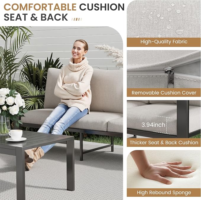 Aluminum Patio Furniture Sets 7 Seat All-Weather Outdoor Furniture Set with Coffee Table & Cushions with Removable Covers for for Backyard, Garden and Poolside Easy Assembly