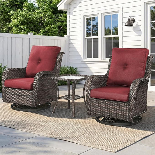 Belord Patio Wicker Chairs Swivel Rocker,Outdoor Patio Furniture Set with Rattan Side Table, All Weather Conversation Set for Porch Poolside Balcony, Brown Wicker/Red