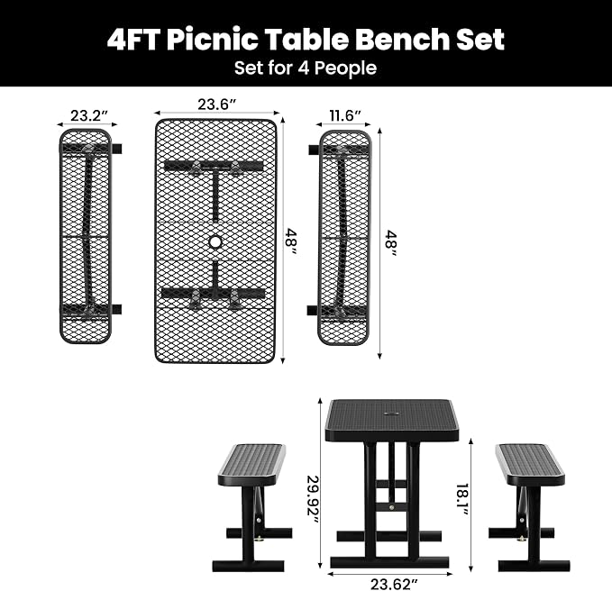 4FT Outdoor Metal Picnic Table with 2 Benches,Heavy Duty Rectangular Picnic Table Set for Outside, Waterproof Commercial Restaurant Table Furniture for Park, Campfield, Patio, Garden, Yard