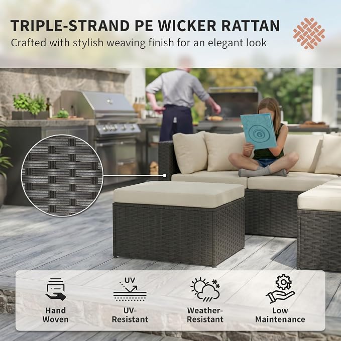 Outsunny 3 Piece Patio Furniture Set, Deep Seating Wicker Rattan Outdoor Conversation Set with Cushions, Glass Top Coffee Table for Garden, Porch, Backyard, Beige