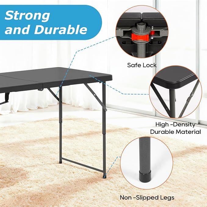 34" Folding Card Table, Heavy Duty HDPE Square Table, Fold-in-Half Portable Design with Carry Handle, Indoor Outdoor Utility Dining Table for Picnic, Camping, 330 lbs (Black, 4FT)