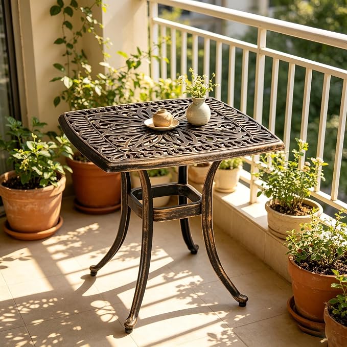 34.5" Outdoor Bistro Table - Square Cast Aluminum Small Patio Side Tables, Outdoor End Table All Weather Furniture with Umbrella Hole and Antique Design for Balcony Yard Porch Garden Bronze