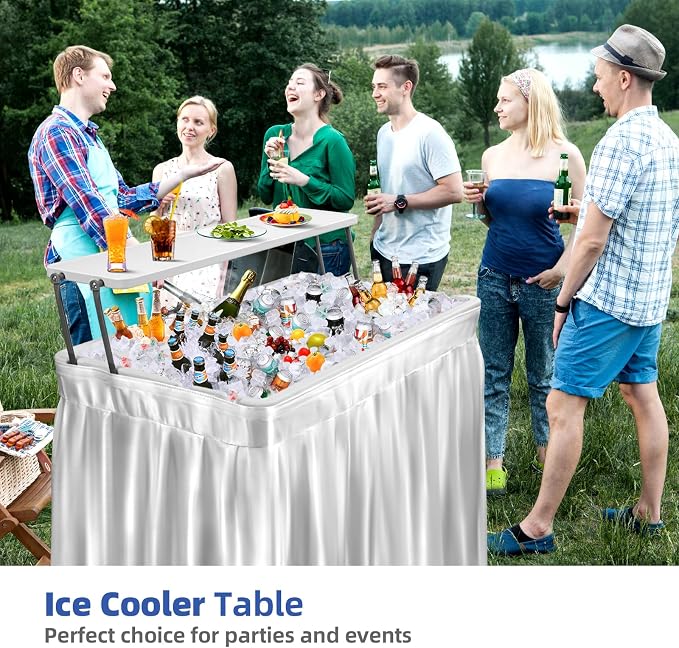 4ft Portable Ice Cooler Folding Table, Dual-Level Design, Built-in Drain, Detachable Skirt, Perfect for Outdoor Parties, Camping, Picnics, Pools, White