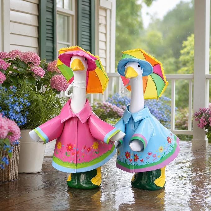 DECOHS 2 Set Raincoat Porch Goose Outfits, Summer Lawn Goose Statue Raincoat Costume, Yard Goose Clothes Raincoats Umbrella Hat Outfit for 23" Statue Patio Garden Decoration (Blue & Rosy)