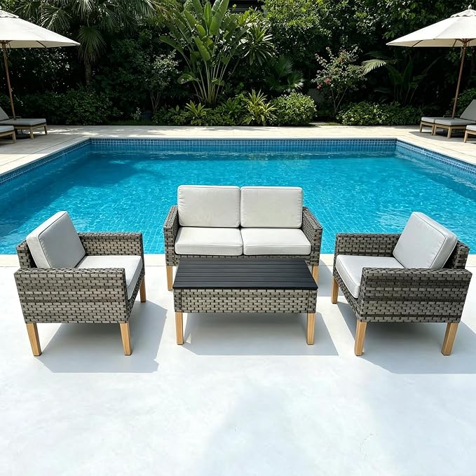 DECMICO 4 Piece Rattan Conversation Bistro Set, Outdoor Wicker Patio Furniture Set, All-Weather PE Rattan Chairs with Cushions for Backyard, Balcony, Garden, Beige