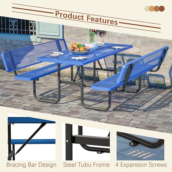 72'' Heavy Duty Outdoor Picnic Table with Backrest - Commercial Grade Rectangular Steel Picnic Table Set, Umbrella Hole, Rust-Resistant Metal Mesh Tabletop for Patio, Garden, Park, BBQ - Blue
