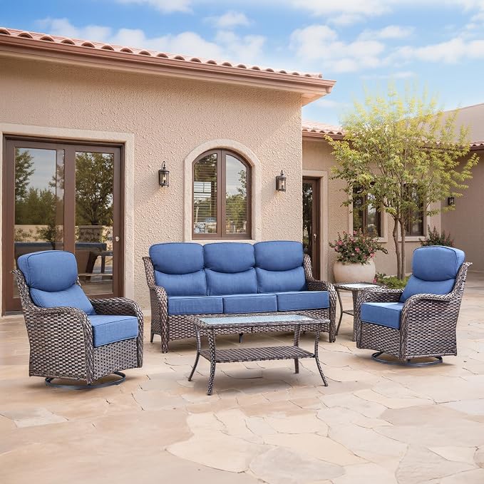 Swivel Patio Chairs sofa Set of 5 with 6" Thick Cushion - Wicker Outdoor Swivel Rocker Patio Chair ,Sofa/Glass coffee table, High Back Comfortable Outdoor Glider Chairs - Brown Wicker | Blue Cushions