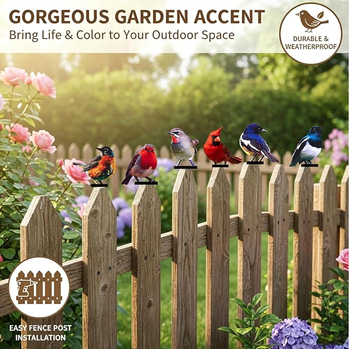6 PCS Color Painted Metal Bird Sculptures - Vivid 2D Garden Decor for Outdoor Fences, Patio, Yard for Bird Lovers