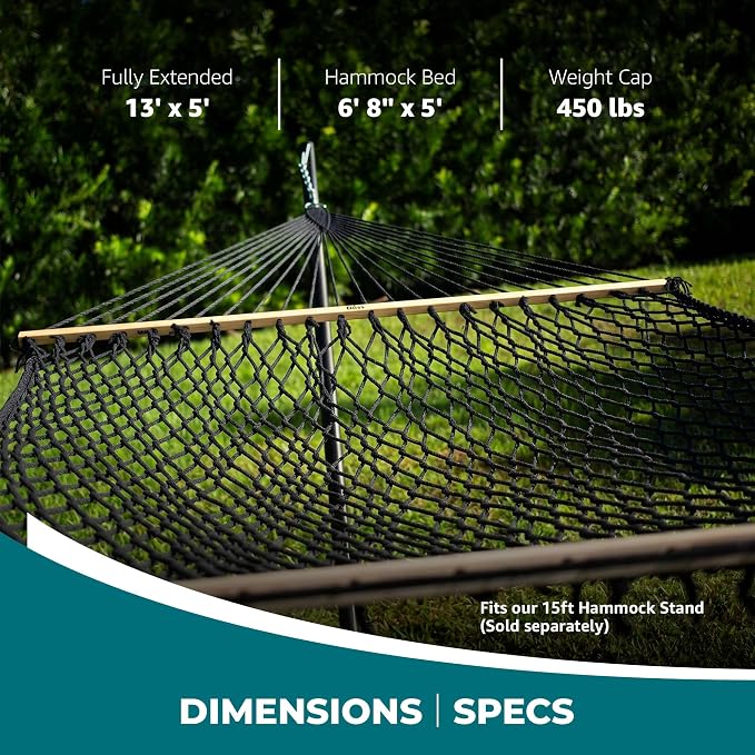 Bliss Hammocks BH-410BK Classic Rope Hammock with Spreader Bar, Black, 80"L x 60"W