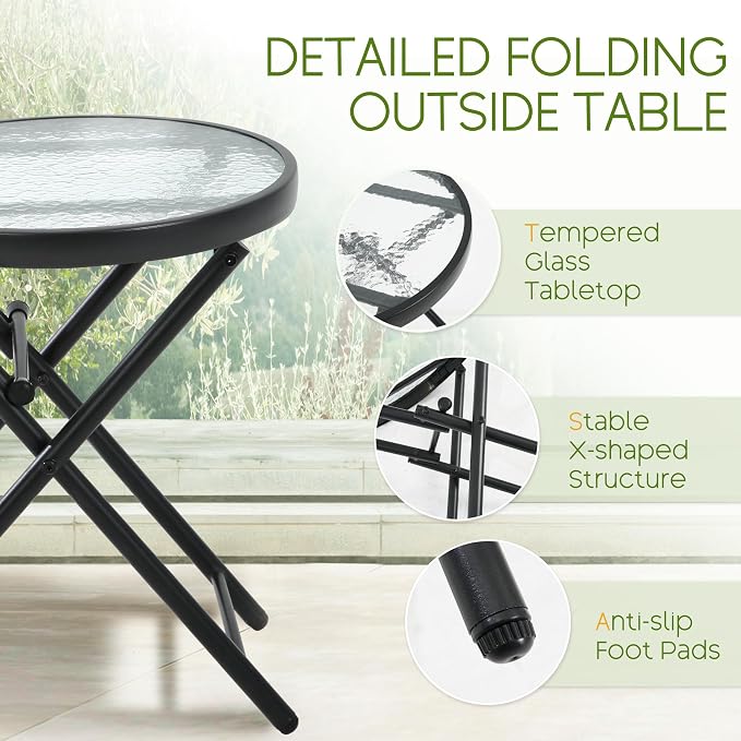 Folding Outdoor Side Table -Patio End Bistro Tables Portable Small 17.5" Round Tempered Glass Top Waterproof Dining Coffee Metal Black