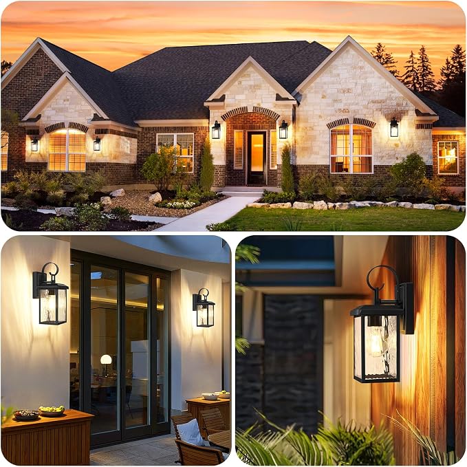 BesLowe 2-Pack Outdoor Wall Light Fixtures with Water Ripple Glass, Black | Waterproof, Rust-Resistant, Durable Metal, Standard E26 Socket, Easy to Install