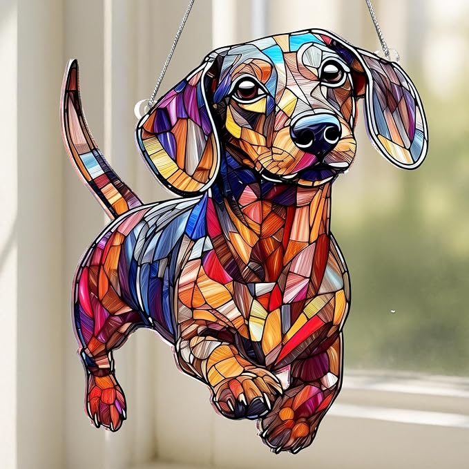Dachshund Gifts for Women, Colorful Dachshund Ornament for Window Hanging | 5.9"x5" Acrylic Suncatcher Ornament Faux Stained Glass, Dog Lovers Gifts for Women, Dogs Christmas Ornaments for Tree Hanging