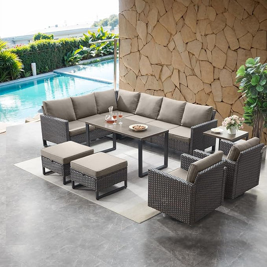 HUMMUH 8 Piece Patio Furniture Set PE Wicker Outdoor Sectional Sofa and Patio Swivel Chairs Outdoor Dining Table Ottomans for Porch,Garden,Backyard,Deck(Brown/Grey)