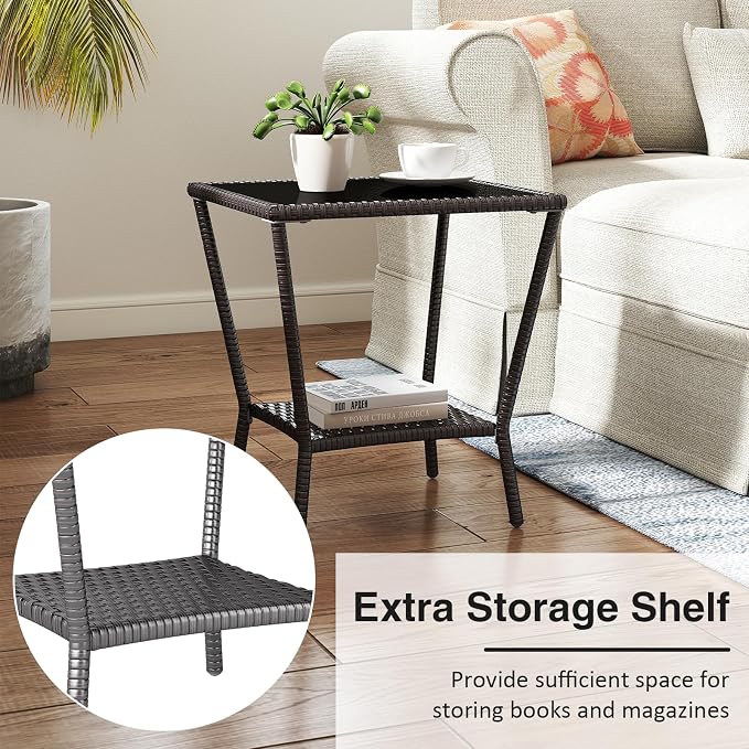 Kinfant Rattan Patio Side Table - Modern Wicker End Table, PE Rattan Coffee Table with Glass Top, Weather-Resistant Patio Furniture for Patio, Balcony, Garden, and Poolside (1, Black Brown)
