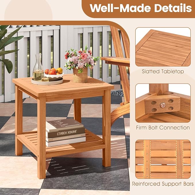 Tangkula Outdoor Side Table, 2-Tier Acacia Wood Square End Table with Slatted Tabletop & Storage Shelf, Indoor Outdoor Wooden Accent Bistro Patio Table for Backyard, Poolside, Garden, Natural (1)