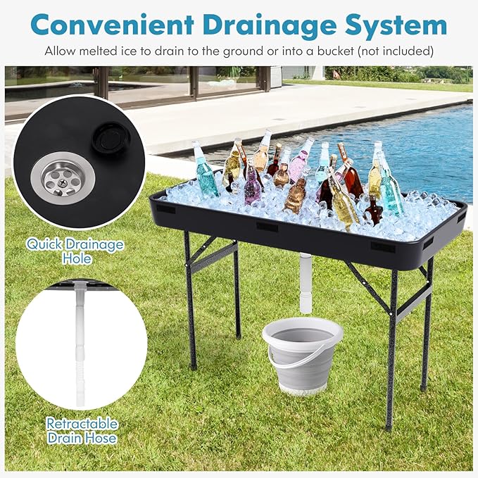 4 Foot Ice Tables for Parties with Drain, Ice Cooler Folding Table with Removable Matching Skirt, Party Ice Bin Table, Cooler Table Outdoor, Ice Table for BBQ, Camping & Picnic, Black