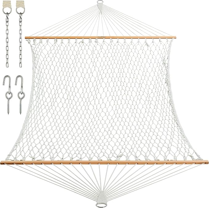 JoyView Traditional Rope Double Hammock - Hand Woven Polyester Hammock with Hardwood Spreader Bar 450lb Capacity for Outdoor Indoor Patio Yard - White