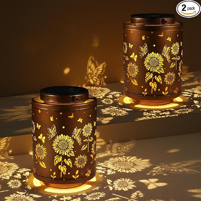 2 Pack Solar Outdoor Lanterns Butterflies Garden Decor LED Light Hanging | Waterproof Solar Metal Lanterm Gifts for Women Mon Grandma Sunflower Solar Lights Outdoor Decoration