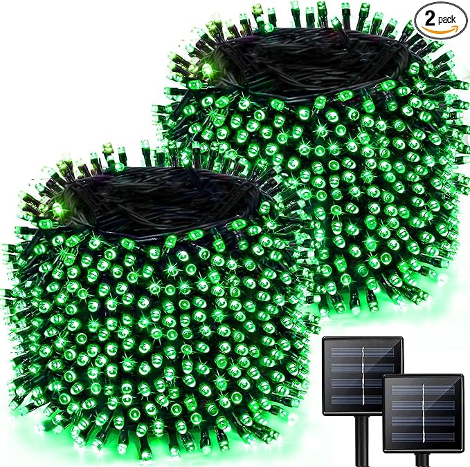 Solar Christmas Lights Outdoor 2 Pack 480 LED Solar Halloween Lights Green | 170FT, 8 Lighting Modes, Memory Function, Auto On/Off, Waterproof Twinkle Lights for Outside Xmas Tree Halloween Party Decor