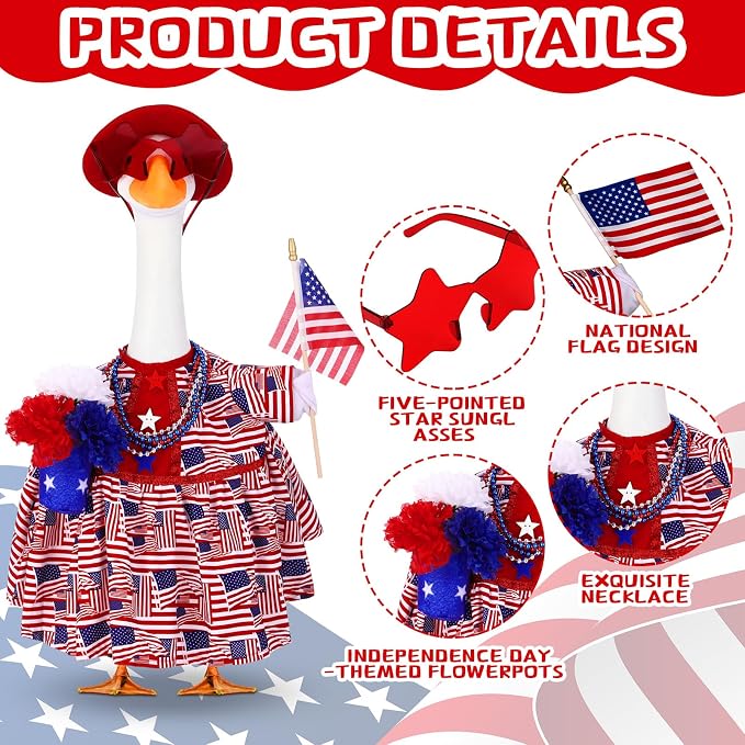 Abbylike 4th of July Porch Goose Outfit Fit 23" Plastic & Cement Statue American Flag Goose Skirt Clothes for Patriotic 250th Anniversary Independence Day Outdoor Garden Yard Patio Lawn Decor
