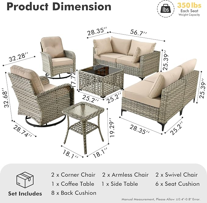 8 Pieces Wicker Patio Furniture Set,Outdoor Sectional Sofa with Swivel Chairs Coffee Table,Outside Deep Seat Rattan Couch Conversation Set,Beige