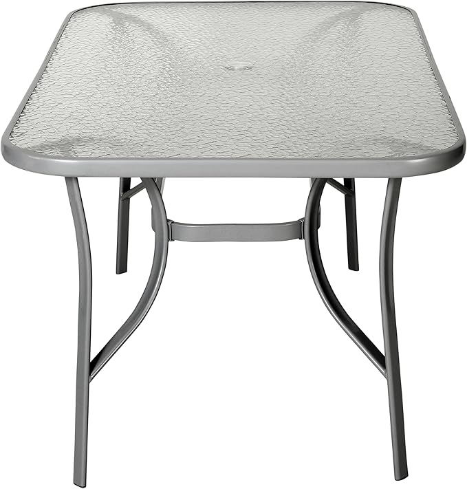 Flash Furniture Tory Rectangle Patio Table with Umbrella Hole, Commercial All-Weather Table with Heat Resistant Tempered Glass, Steel Tube Frame, 35x 59, Silver