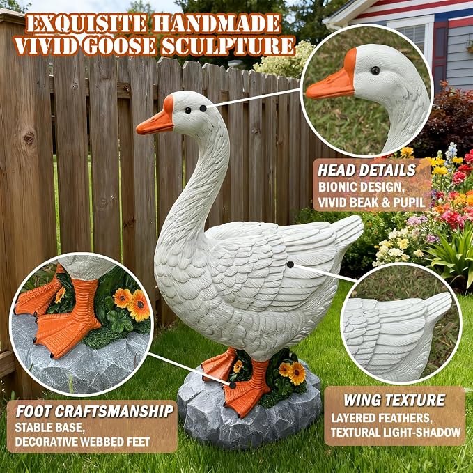 Porch Goose Statue Large White Porch Goose Big Resin Garden Lawn Yard 20 inches High Figurine Duck Decorative Figurine for Patio, Entryway Accent Indoor Outdoor Garden Gift