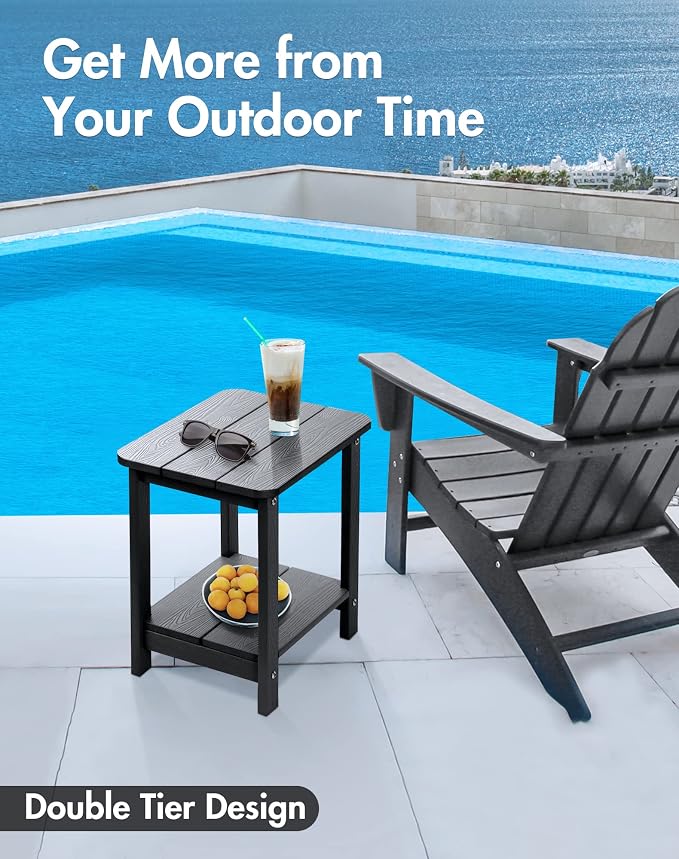 Tikea, Black Adirondack Outdoor Side Table, 16.7'' x 12.6'' x 16.7'', Weather Resistant, Double End Table for Patio, Garden, Lawn