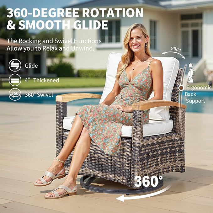 MEISSALIVVE 6 Pieces Patio Furniture Sets, Wicker Patio Conversation Sets with 4 Wood Armrests Swivel Glide Chairs，Outdoor Conversation Set for Deck Yard and Poolside (Beige)