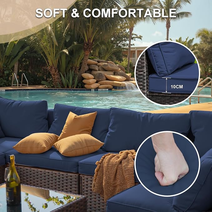 Patio Furniture Set, 15 Pieces Outdoor Sectional Patio Furniture Set with 42" Fire Pit Table, Rattan Wicker Sofa Set for Garden Backyard Deck Poolside, Blue