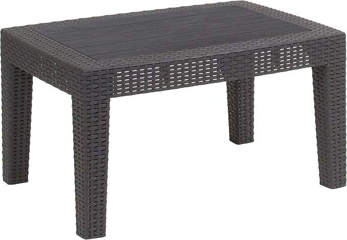 Merrick Lane Malmok Outdoor Furniture Patio Table - Dark Gray Faux Rattan Wicker Pattern Coffee Table - All-Weather Use - Wood Plank Top Design
