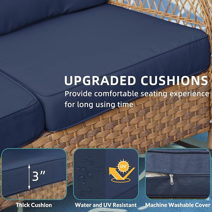 MEETWARM Outdoor Wicker Patio Glider Set, Loveseat for 2 Person Porch Furniture Glider with Glass-Top Coffee Table, Patio Glider Rocking Bench with Thickened Cushions, Navy Blue