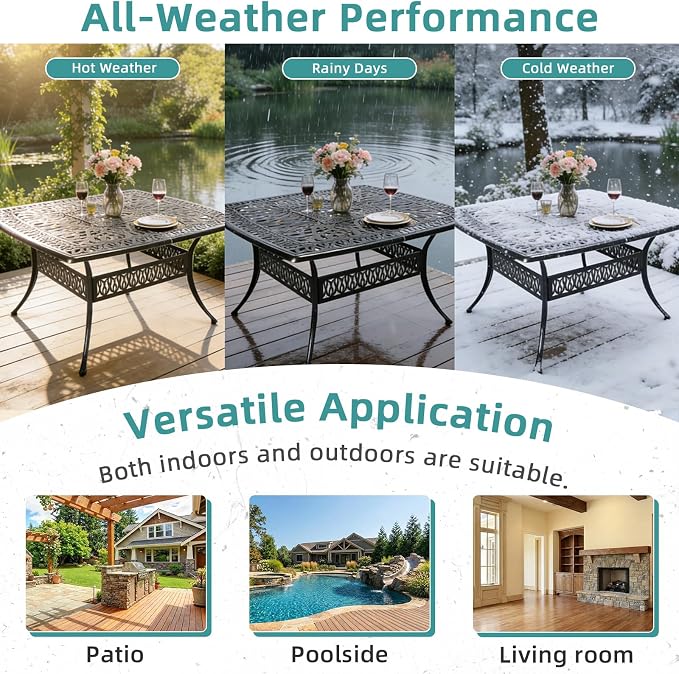 MEETWARM Outdoor 64" Square Patio Dining Table with Detachable Lazy Susan, All Weather Cast Aluminum Large Patio Furniture Table Set for 8 Seat with 35.4" Rotating Tray, Umbrella Hole, Dark Bronze