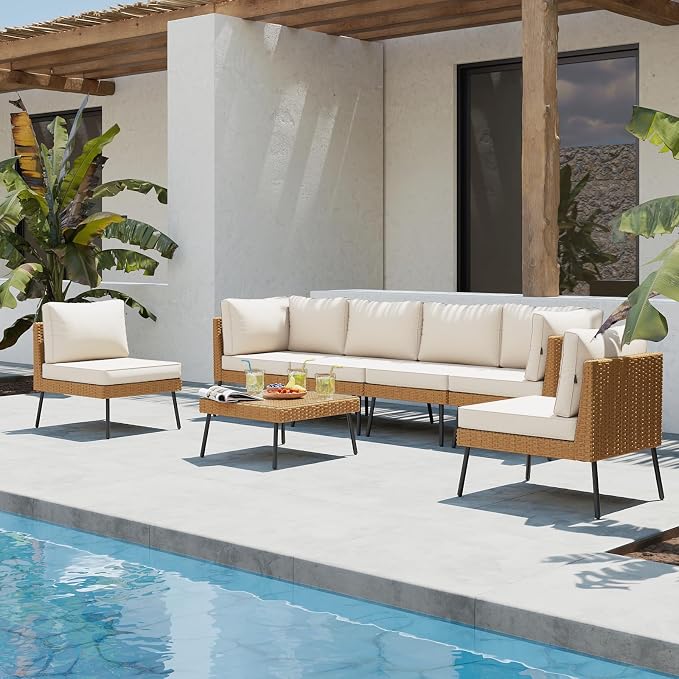 Aoxun Patio Furniture Set, 7 Piece Outdoor Sectional Sofas with Thick Cushion, Wicker Outdoor Patio Furniture Set with Coffee Table for Party, Garden, Backyard, Beige