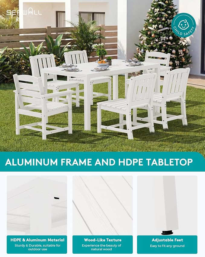 SERWALL Outdoor Expandable Dining Table 60" - 83", White | Patio Dining Table for 4-8 People, All Weather HDPE and Aluminum Outdoor Furniture