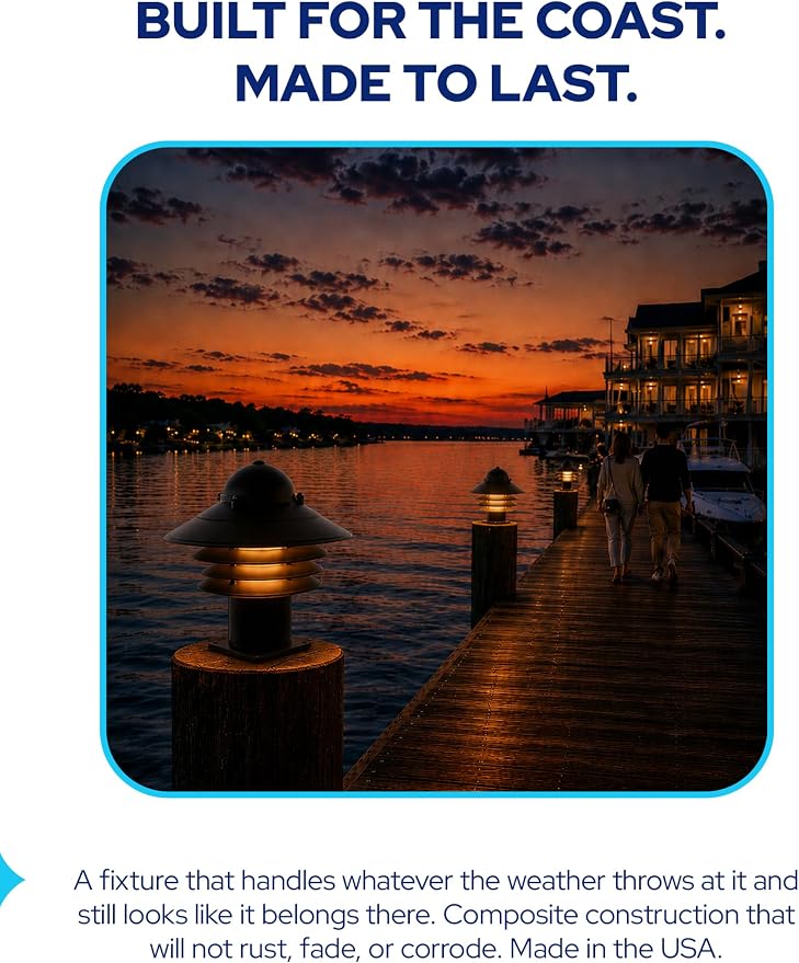 Nautical Pier Mount Outdoor Lighting - Salt-Air Tough Rust-Proof Non-Metallic Coastal Lamps - UL Listed Dock Lights - Patio Fence Deck Porch Lights Outdoor - USA Made, Short, Basic, Black