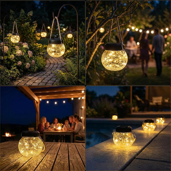 ROSHWEY 4 Pack M Size Solar Lantern Gifts for Women - Outdoor Solar Lanterns Waterproof with 15 LED Hanging Garden Patio Backyard Decor Lights for Halloween Christmas Easter Gift