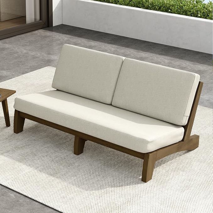 Outdoor Furniture Patio Couch, Weather Resistant 3-Seater Patio Sofa with Removable Cushion, Teak Wood Frame for Porch & Backyard Seating - Light Camel
