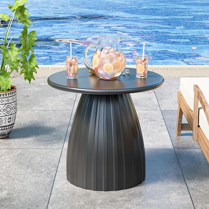 Round Metal Outdoor Patio Side Table, Steel Outdoor Accent Table, Black Small Patio End Table, for Garden, Pool, Yard, Balcony, Living Room, Deck, Weather Resistant, No Assembly