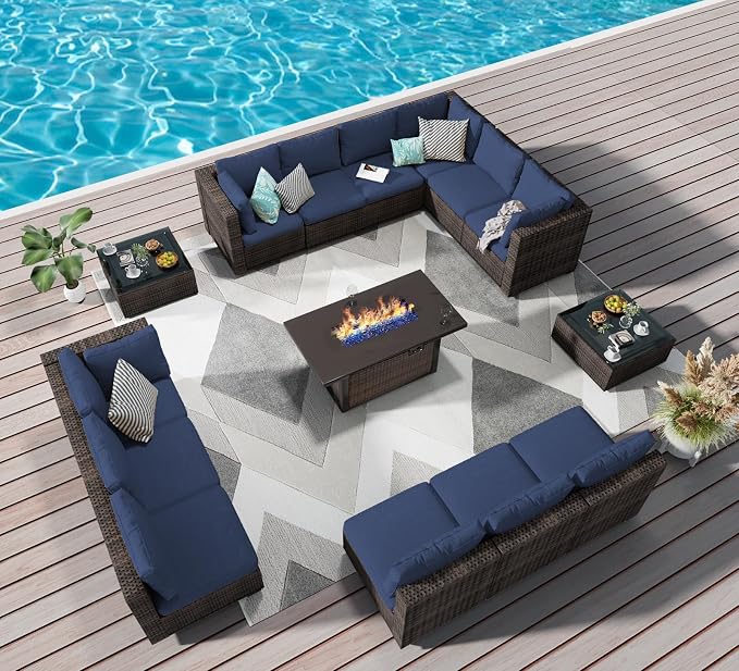 Grezone 15 Piece Patio Furniture Set with 44" Fire Pit Table, Outdoor Sectional Couch, PE Rattan Patio Conversation Sets with 4inch Cushions for Backyard Deep Blue