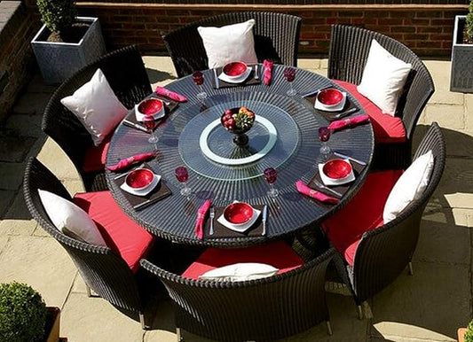 Manhattan Comfort Nightingdale 7 Piece Outdoor Dining Set with Round Glass Lazy Susan | Includes 6 Rattan Chairs, Water-Repellent Cushions and Toss Pillows, Patio Furniture, Black/Red/White