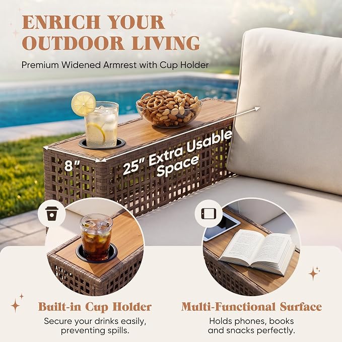 Devoko Patio Furniture Set,6 Pieces Outdoor Sectional Sofa with Cup Holder and 7.87in Wider Armrest, PE Wicker Backyard Couch Set with Coffee Table&Glass Tabletop for Deck, Porch（6 pcs）