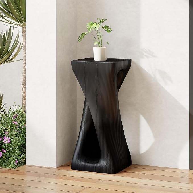 Christopher Knight Home Novi 26.8" H Lightweight Concrete Outdoor Side Table, Hollow Twist-Shaped Patio End Table, MGO Outdoor Coffee Table, Garden Plant Stand Indoor, Wood-Like Texture, Black