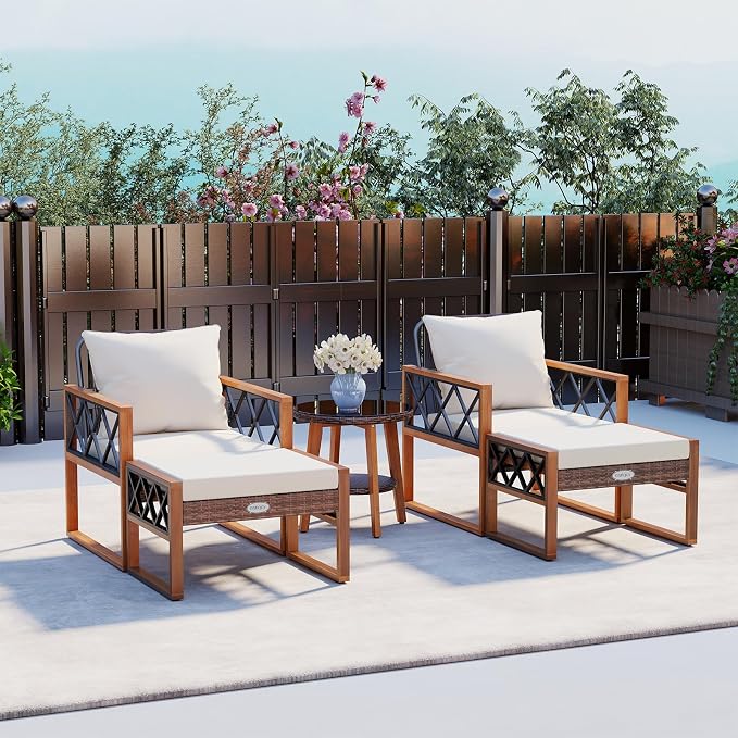 Tangkula 5 Pieces Patio Furniture Conversation Set, Outdoor Rattan Acacia Wood Cushioned Chairs with Ottomans, 2-Tier Side Table, for Porch, Balcony and Garden