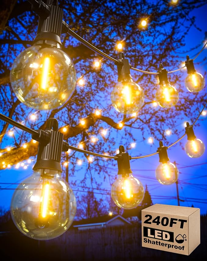 Zuske Outdoor String Lights, 240FT Patio Lights with 124 Shatterproof G40 Globe Bulb(4 Spare), Waterproof Connectable Dimmable LED Hanging Lights for Outside Backyard Porch Balcony Gazebo (120FTx2)