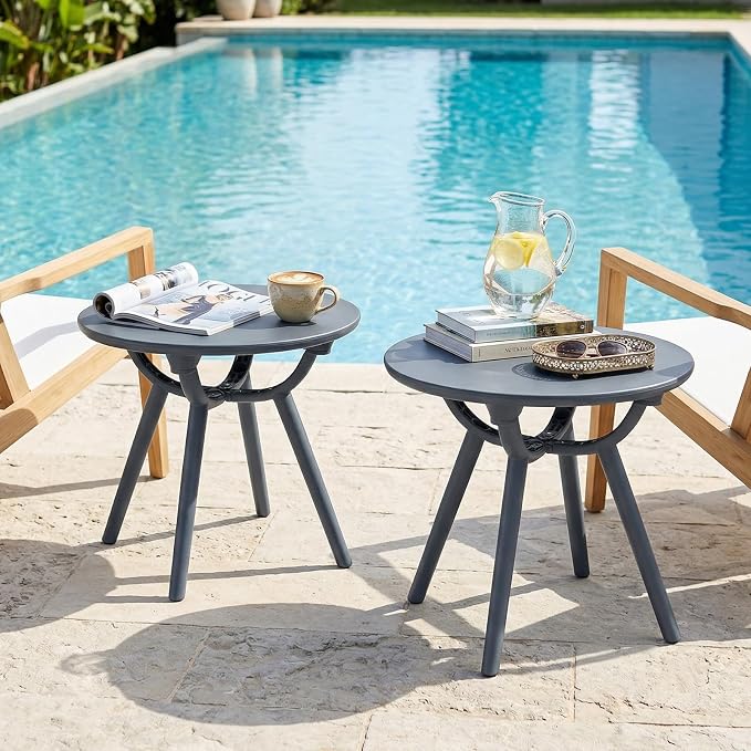 Tangkula Outdoor Side Table, 20" Round Patio Bistro Table, Outside Accent Coffee Table for Poolside, Balcony, Garden, Porch, Lawn (2 Pack,Gray)