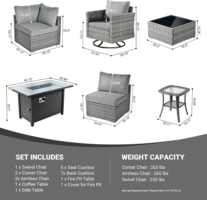 Weaxty 8 Piece Outdoor Sectional with Fire Pit Table, All Weather Wicker Patio Furniture Set with Swivel Rocker Chair Coffee Table, Thick Cushion Couch Conversation Sets for Garden Deck Backyard Gray